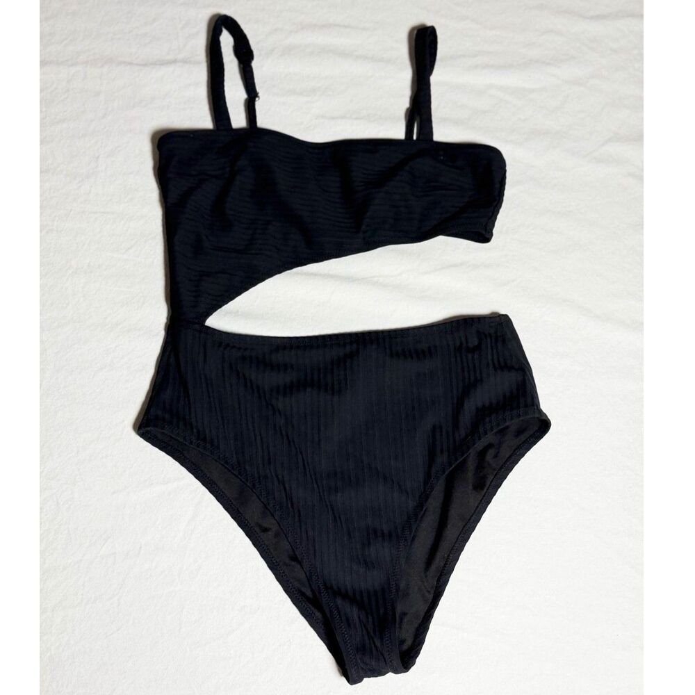 Shade Shore One Piece Swimsuit M Black Ribbed Cutout Monokini High Leg Bathing